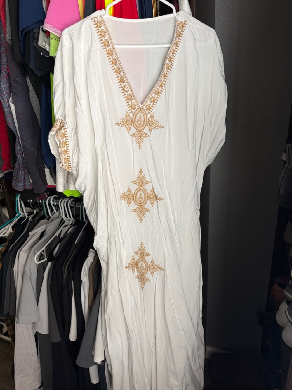 White Embroidered V-Neck Tunic Dress with Gold Motifs beach cover